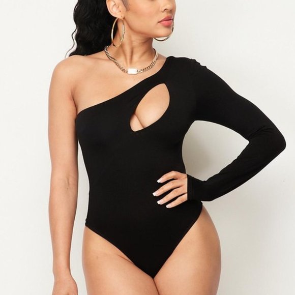 🖤❤️🤍ONE SHOULDER KEY HOLE BODYSUIT- Black - Picture 2 of 3